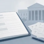 Otvoren dokument sa praznim beleškama i upitnicima, uz diskretnu siluetu ustanove u pozadini.
